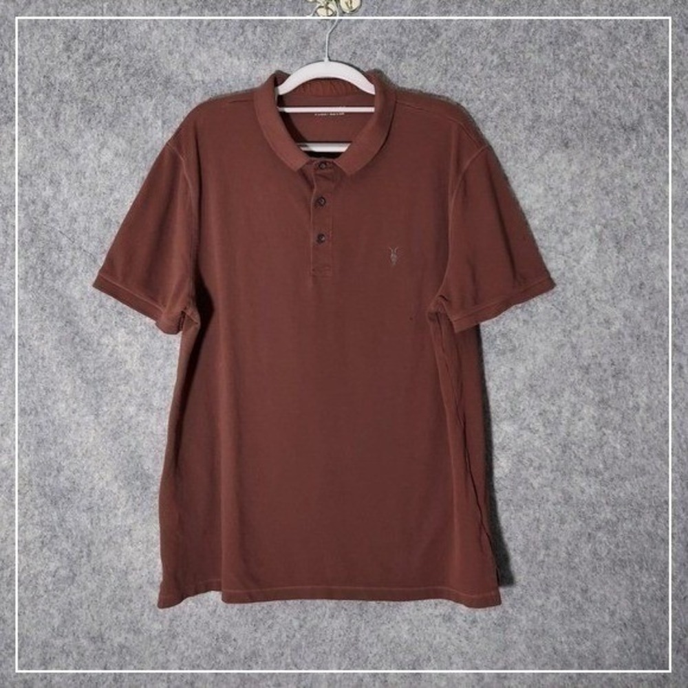 AllSaints Men Polo Shirt XL Brown Cotton Button Collar Short Sleeve Minimalist